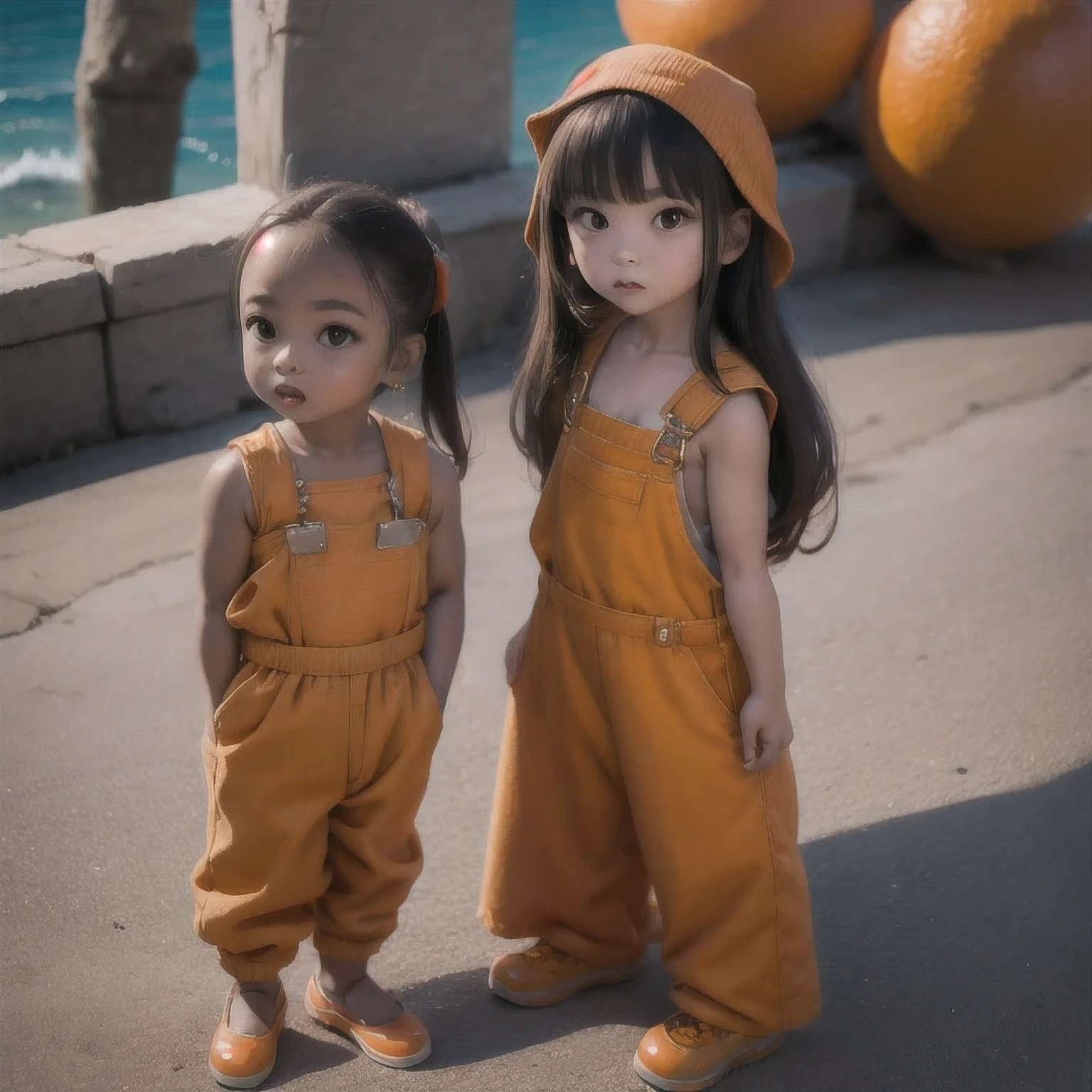 arafed girl standing on a beach with an orange overall, orange jumpsuit, overalls, wearing an orange jumpsuit, official product image, wearing overalls, orange halter top, artist wearing overalls, wearing an orange t-shirt, wearing orange sundress, wearing orange prison jumpsuit, neck zoomed in, wearing an orange t shirt, cute girl wearing tank suit