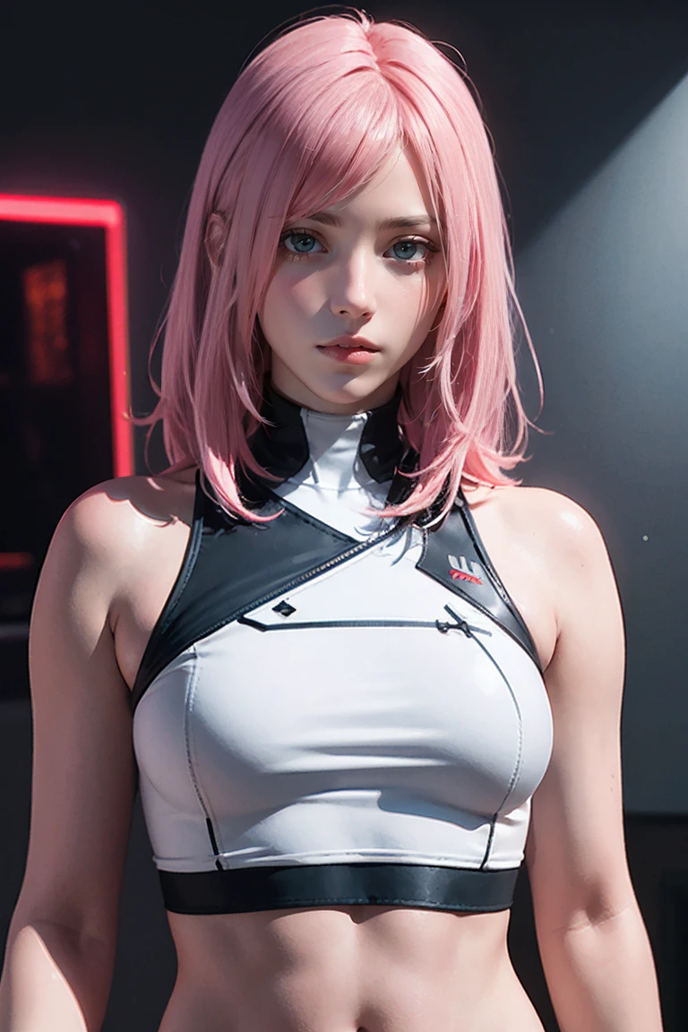 Highest quality, Ultra-high resolution, Realistic, NSFW, Cyberpunk one girl sexy pink hair、Taking photos in a studio environment with a gray background, View your viewers, Upper Body, thin, Visible cracks, Crop top,