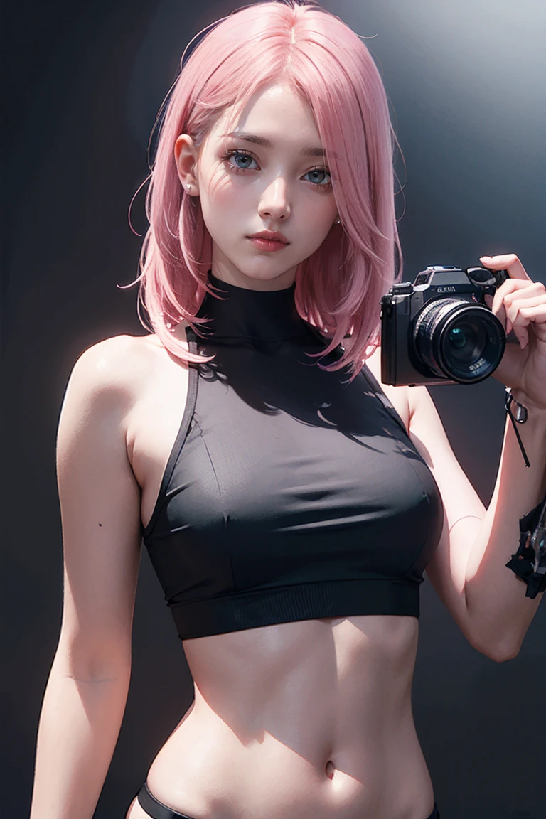 Highest quality, Ultra-high resolution, Realistic, , Cyberpunk one girl  pink hair、Taking photos in a studio environment with a gray background, View your viewers, Upper Body, thin, Visible cracks, Crop top,