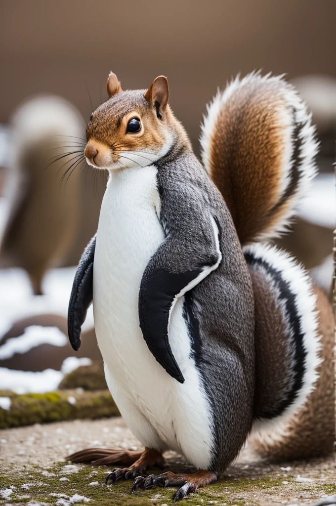 Squirrel wearing penguin coat
