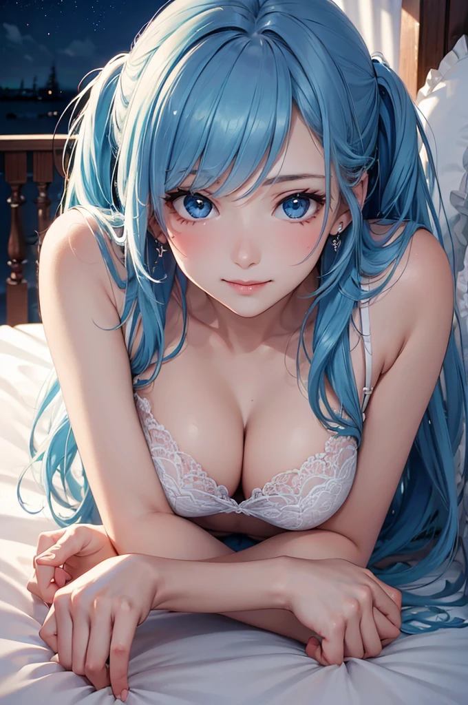 (Best Quality,High resolution,8K,finelity detailed background,Masterpiece:1.2),beautiful girl,Shiny light blue hair,messy hair,Light blue eyes,Gentle look,A refreshing look,Best quality,Best Quality,Aesthetic and aesthetic:1.2,Best details((Super detailed))(High-definition CG illustrations),Blue underwear (blue,intricate lace),Slender body,Late Night,Moonlit Night,Bedroom,On the bed,smile,blush,cute,Scrounge,Looking up,Being spoiled,super model,wariza,shoot from above