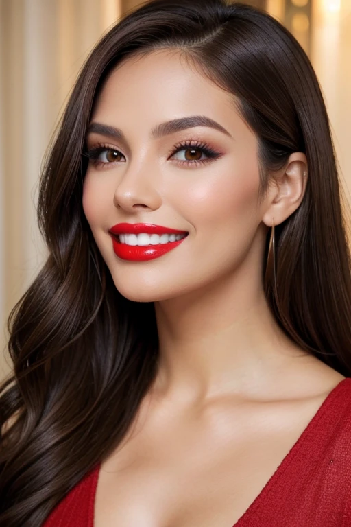 brunette look, brown eyes and gorgeous full lips, look sexy, excited, fashionable makeup, beautiful hair, smiles, shows teeth, dark brown strands in her hair, bright red lips