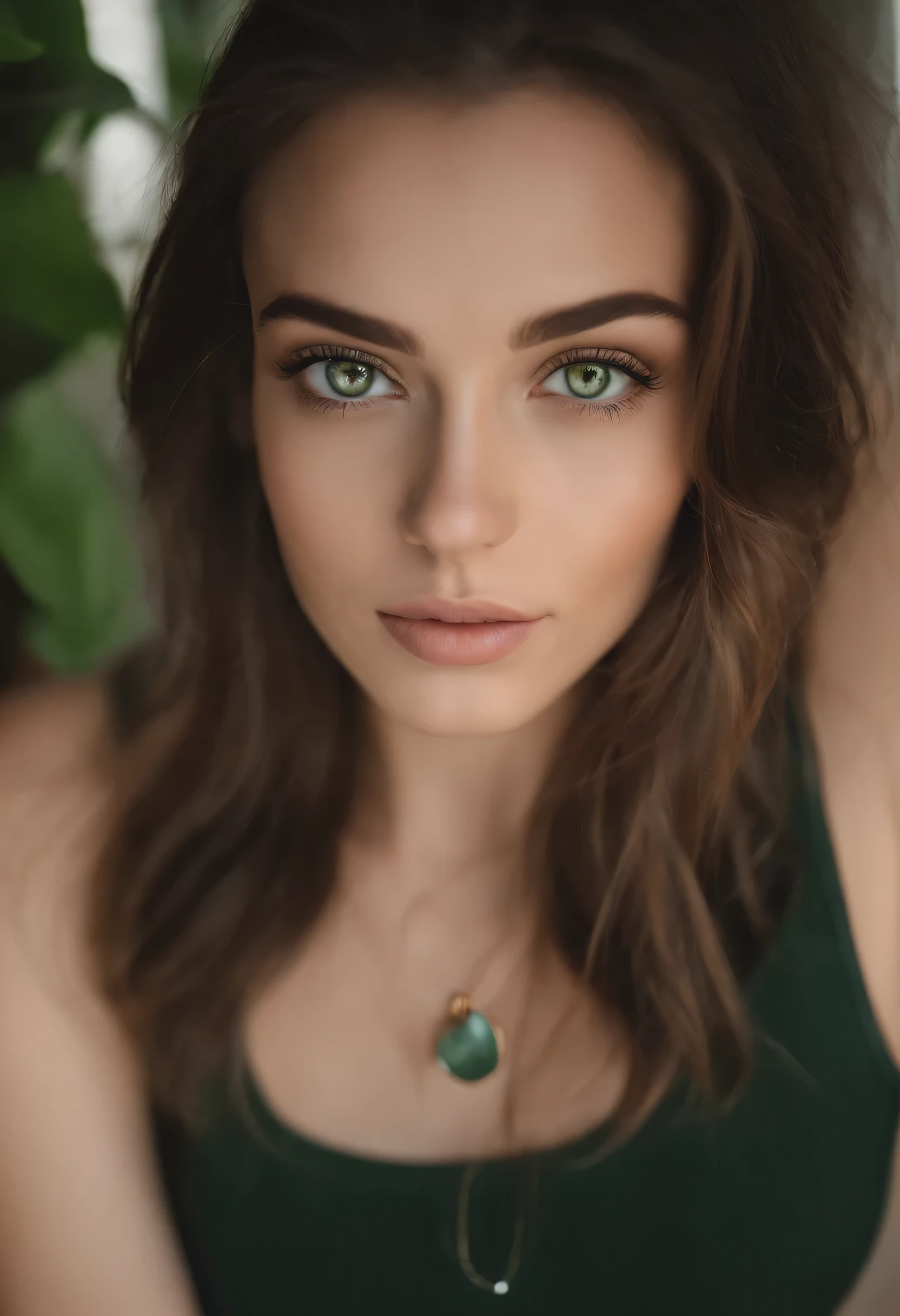 femme arafée avec un débardeur blanc et un collier, fille sexy aux yeux verts, Portrait de Sophie Mudd, cheveux bruns et grands yeux, selfie d&#39;une jeune femme, yeux de la chambre, violette myers, sans maquillage, maquillage naturel, regarder directement la caméra, visage avec artgram, maquillage subtil, superbe gros plan, yeux verts perçants