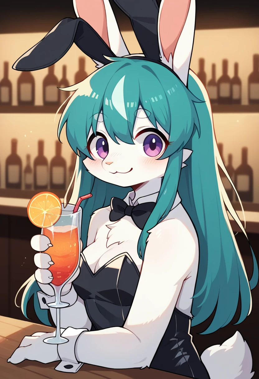 masterpiece, best quality, ultra detail, scenery, bar counter, depth of field((blurry background))volumetric lighting, absurdres, perfect anatomy(angelic cute 1girl, kemono, bunny girl, bunny suit, large breasts)(furry anthro, Furry body, rabbit facial features, rabbit body features)(rabbit ear, very detailed body fur)holding cocktail glass, smile, Embarrassing, erotic, looking at view, upper body,