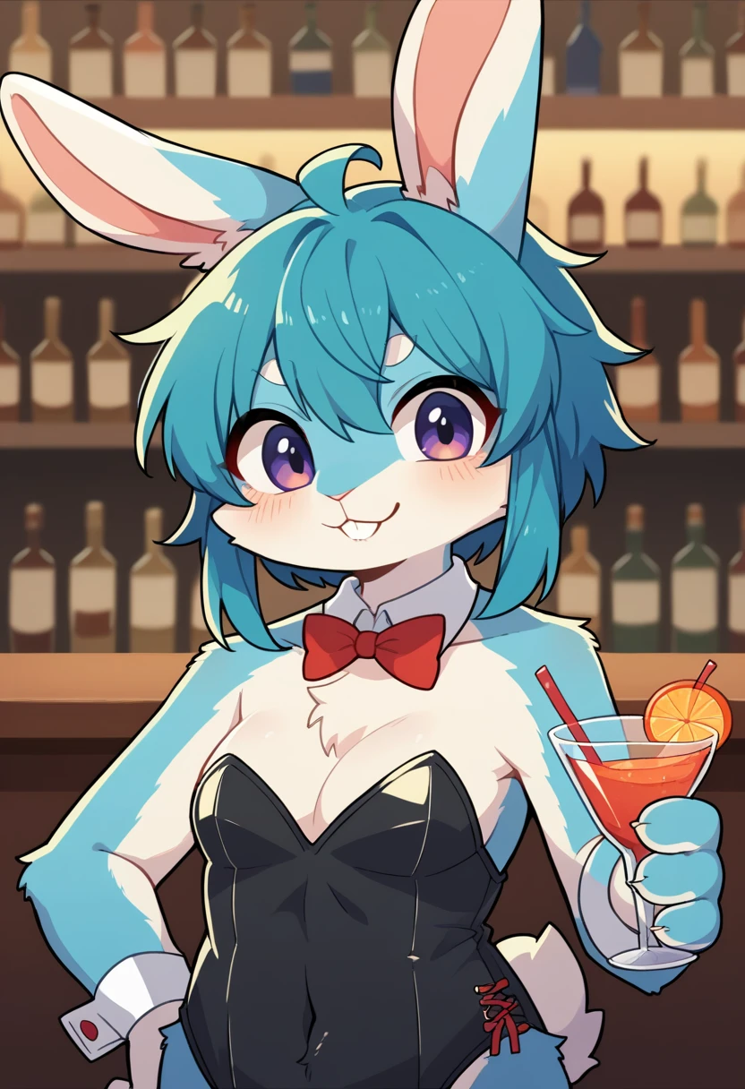 masterpiece, best quality, ultra detail, scenery, bar counter, depth of field((blurry background))volumetric lighting, absurdres, perfect anatomy(angelic cute 1girl, kemono, bunny girl, bunny suit, large breasts)(furry anthro, Furry body, rabbit facial features, rabbit body features)(rabbit ear, very detailed body fur)holding cocktail glass, smile, Embarrassing, erotic, looking at view, upper body,