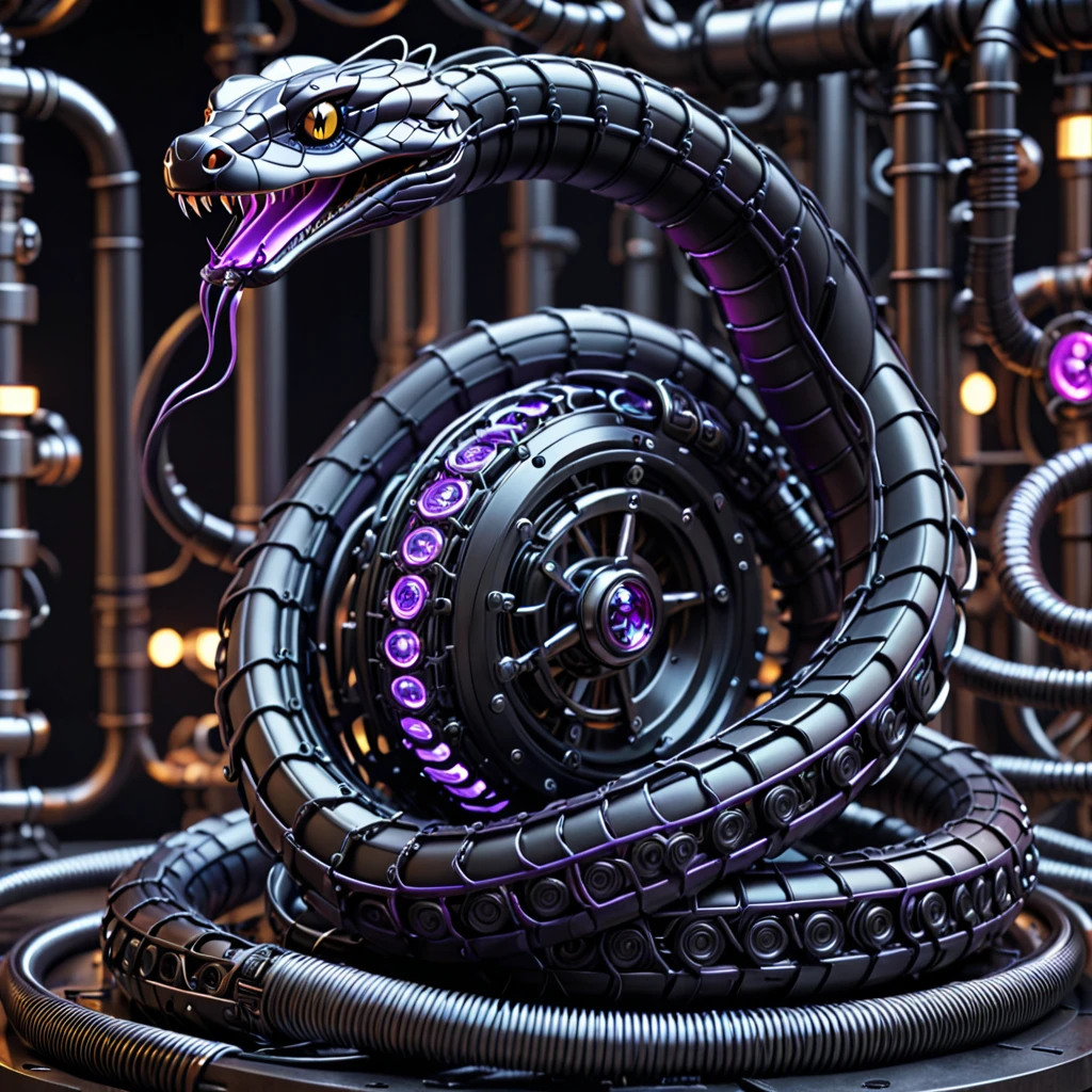 A high-resolution image of a mechanical snake, intricately designed and powered by a glowing purple nuclear core. Its body is made of matte black metal segments, connected seamlessly. The snake is interlaced with wires, cables, and pipes running along its length, with visible gears and screws adding to its complexity. ((The background is a dark)), futuristic industrial setting, with the purple glow from the nuclear core casting a subtle light on the snake’s matte black metal and intricate components. The scene exudes advanced technology and a sense of formidable power.