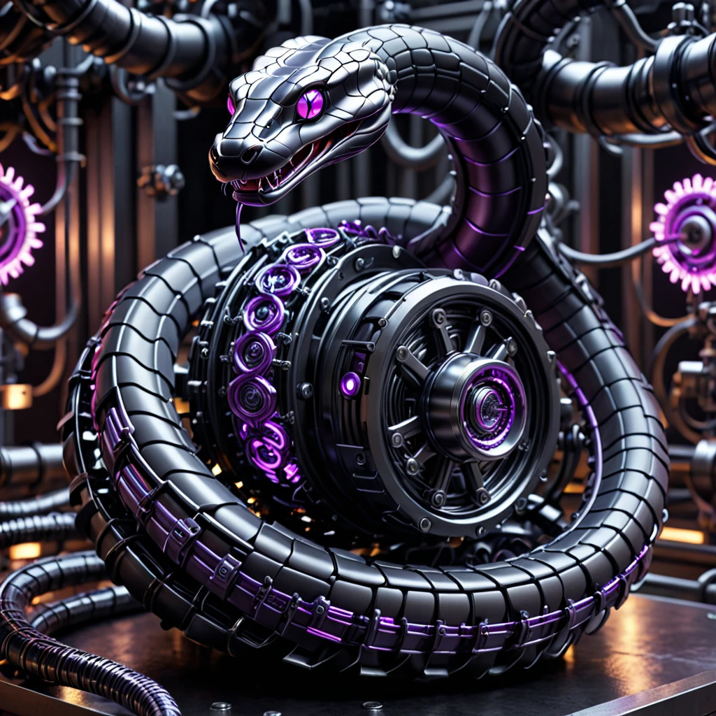 A high-resolution image of a mechanical snake, intricately designed and powered by a glowing purple nuclear core. Its body is made of matte black metal segments, connected seamlessly. The snake is interlaced with wires, cables, and pipes running along its length, with visible gears and screws adding to its complexity. ((The background is a dark)), futuristic industrial setting, with the purple glow from the nuclear core casting a subtle light on the snake’s matte black metal and intricate components. The scene exudes advanced technology and a sense of formidable power.