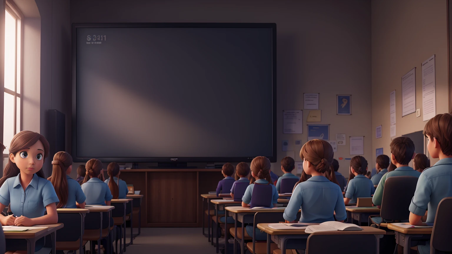 a flat screen monitor in a classroom,full of students, viewing the monitor, highly detailed,photorealistic,8k,HDR,professional lighting,cinematic composition,bright color tones,dramatic shadows,depth of field,intricate details,clean and organized environment,students focused on the monitor,array of diverse students,varying expressions and reactions