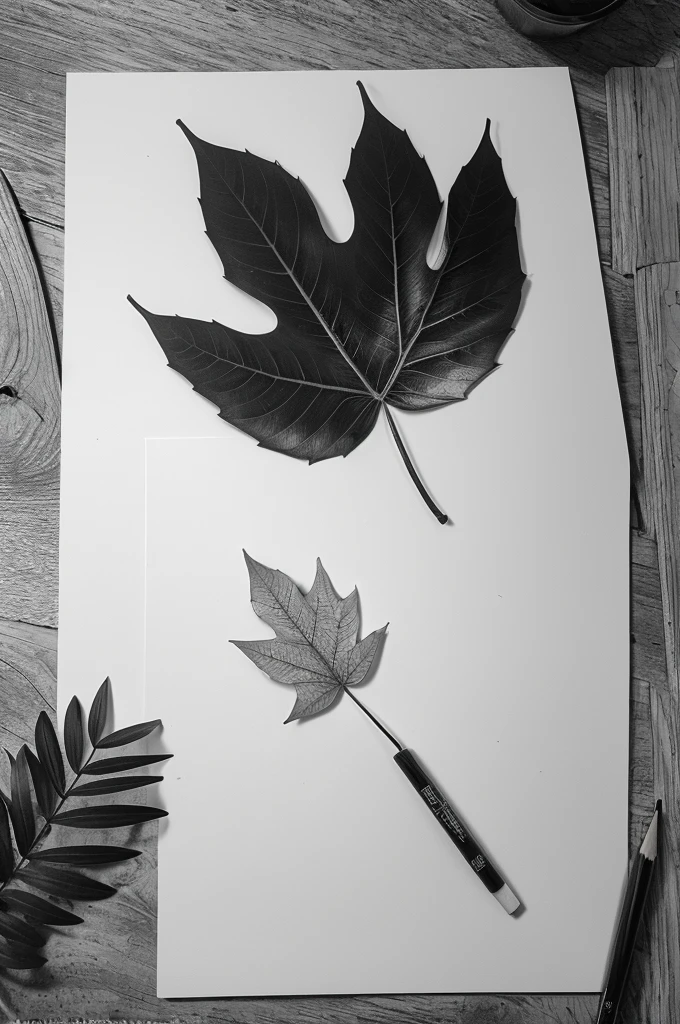 Photograph of a leaf with a drawing made in graphite pencil in black and white with a sunset theme in the forest 