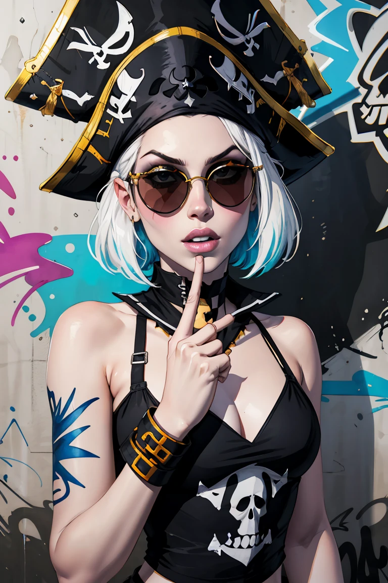 the middle finger, watercolor painting, 8K resolution、((highest quality))、((masterpiece))、((Super detailed))、1 female、alone、incredibly absurd、 (((The most beautiful pirate girl of all time))), (((Stylish sunglasses))), lips in love, white skin, pirate hat, skull fashion, neon、short cut hair、small breasts, (((graffiti art))), colorful hair, provocative, middle finger rising, Rising middle finger
