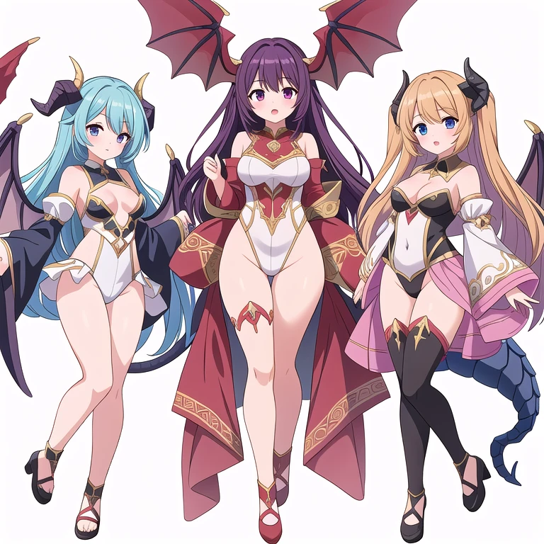 masterpiece, best quality, 3 girls, variety of hairstyles, high fantasy costume, ((white background)), full body, multiple views, leotard, succubus, dragon horn, detached sleeves,