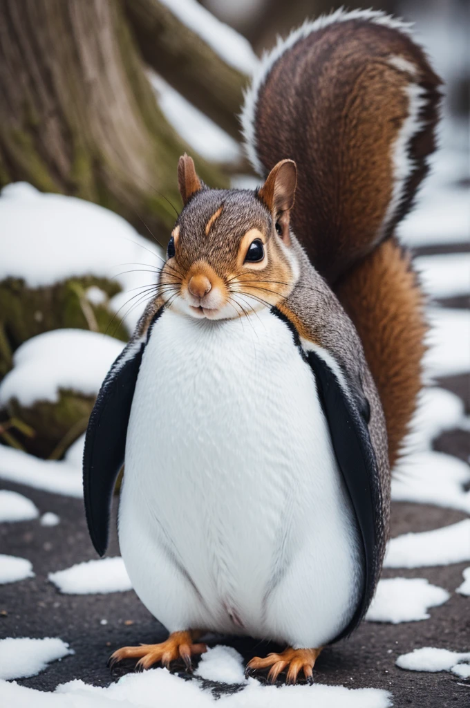 Squirrel wearing penguin coat