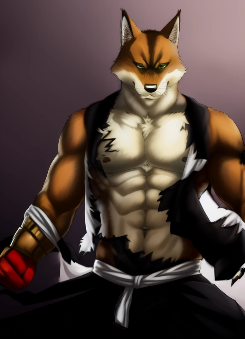 sajin, solo, mature male, skinny, angry,fighting,ripping shirt with one hand,(soft shading), 4k, hi res, ((detailed face, (detailed eyes:1.0), detailed)), (full body), looking at viewer, 1boy, upper body, male focus, shirtless,torn clothes, abs, bare pectorals, fighting stance,