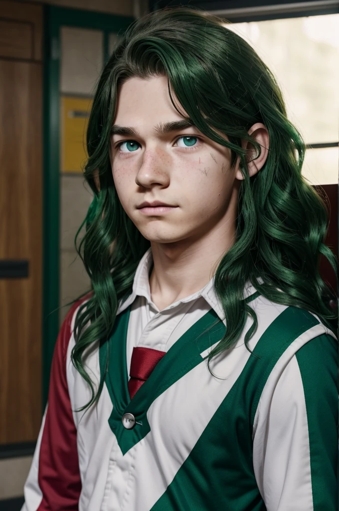 My Hero Academia Capture. Boy with long wavy hair with tired, red eyes. He has a lock of green hair and a scar on his eyebrow., He has a band-aid on his cheeks and neck. Has few freckles, and bring the UA uniform.