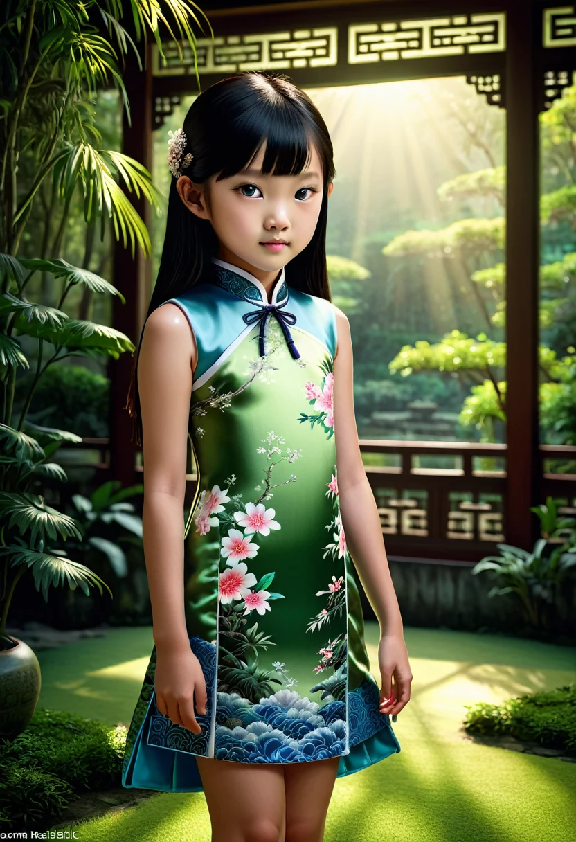 beautiful young asian girl wearing elegant cheongsam, long black hair, detailed facial features, delicate porcelain skin, graceful posture, serene expression, lush green garden background, dramatic lighting, cinematic composition, vibrant colors, intricate patterns on cheongsam, (best quality,4k,8k,highres,masterpiece:1.2),ultra-detailed,(realistic,photorealistic,photo-realistic:1.37)