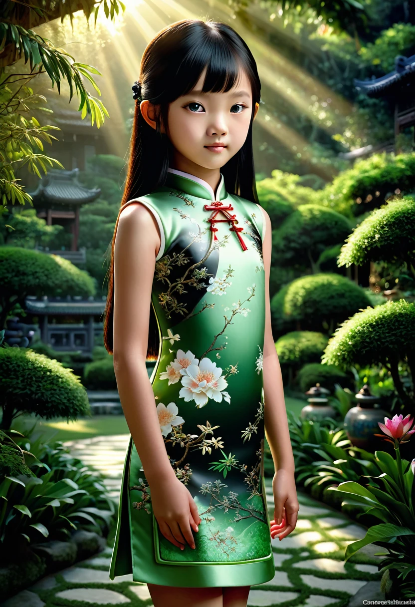 beautiful young asian girl wearing elegant cheongsam, long black hair, detailed facial features, delicate porcelain skin, graceful posture, serene expression, lush green garden background, dramatic lighting, cinematic composition, vibrant colors, intricate patterns on cheongsam, (best quality,4k,8k,highres,masterpiece:1.2),ultra-detailed,(realistic,photorealistic,photo-realistic:1.37)