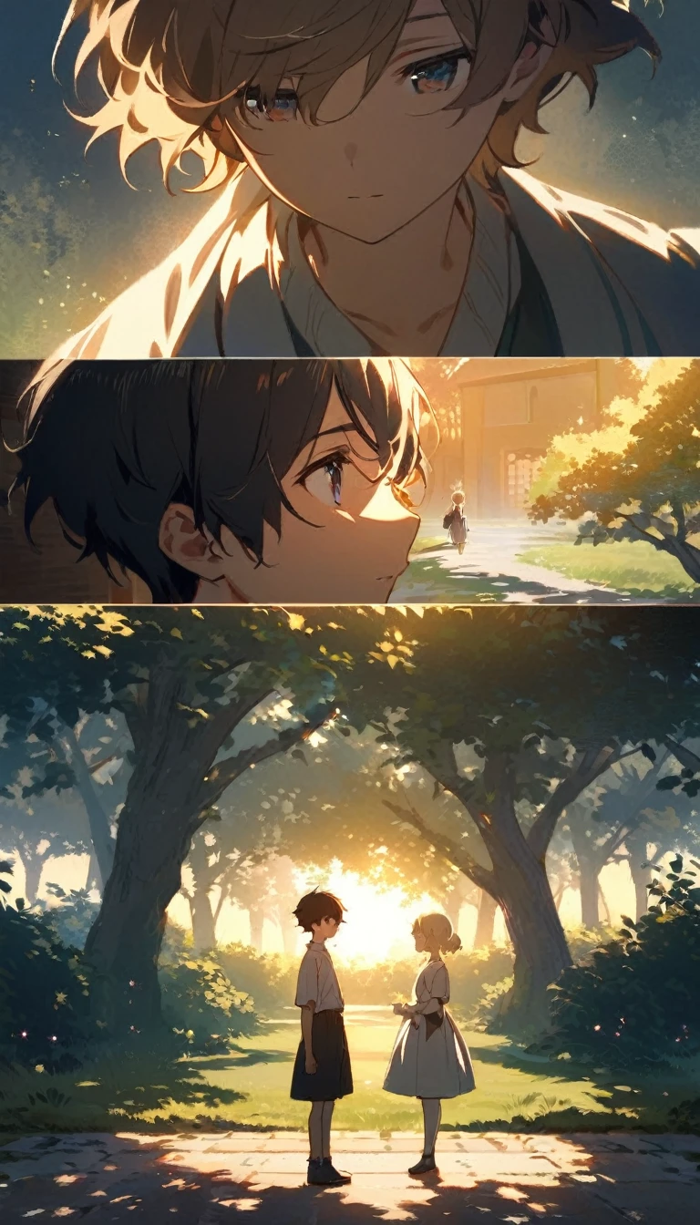 A young boy and girl stand at opposite ends of a quiet park, their gazes locked in a moment of silent curiosity and intrigue. The distance between them seems to shrink as their eyes communicate a thousand unspoken words, each wondering about the other's story. The setting sun casts long shadows, painting a picture of innocence and the beginning of a potential friendship.