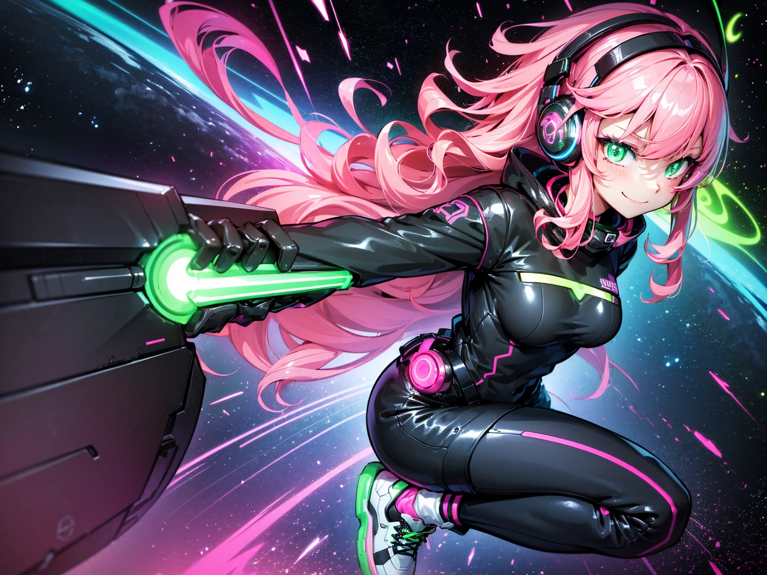 masterpiece:1.4, 1girl ((20year old, dressed in long sleeve shirt, tight black shorts, sneakers, medium breasts, multicolor pink hair, curly long hair, green eyes:1.4, Wearing headphones, happy, smiling, close up, floating in outer space:1.1 galaxy and earth in background:1.1, neon and energetic atmosphere:1.2)) ((nighttime)) ((solo:1.6))
