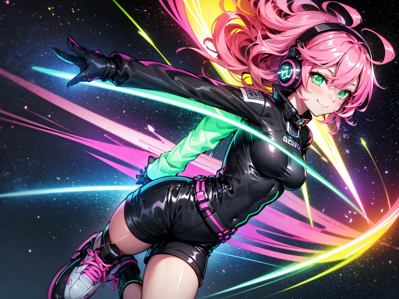 masterpiece:1.4, 1girl ((20year old, dressed in long sleeve shirt, tight black shorts, sneakers, medium breasts, multicolor pink hair, curly long hair, green eyes:1.4, Wearing headphones, happy, smiling, close up, floating in outer space:1.1 galaxy and earth in background:1.1, neon and energetic atmosphere:1.2)) ((nighttime)) ((solo:1.6))