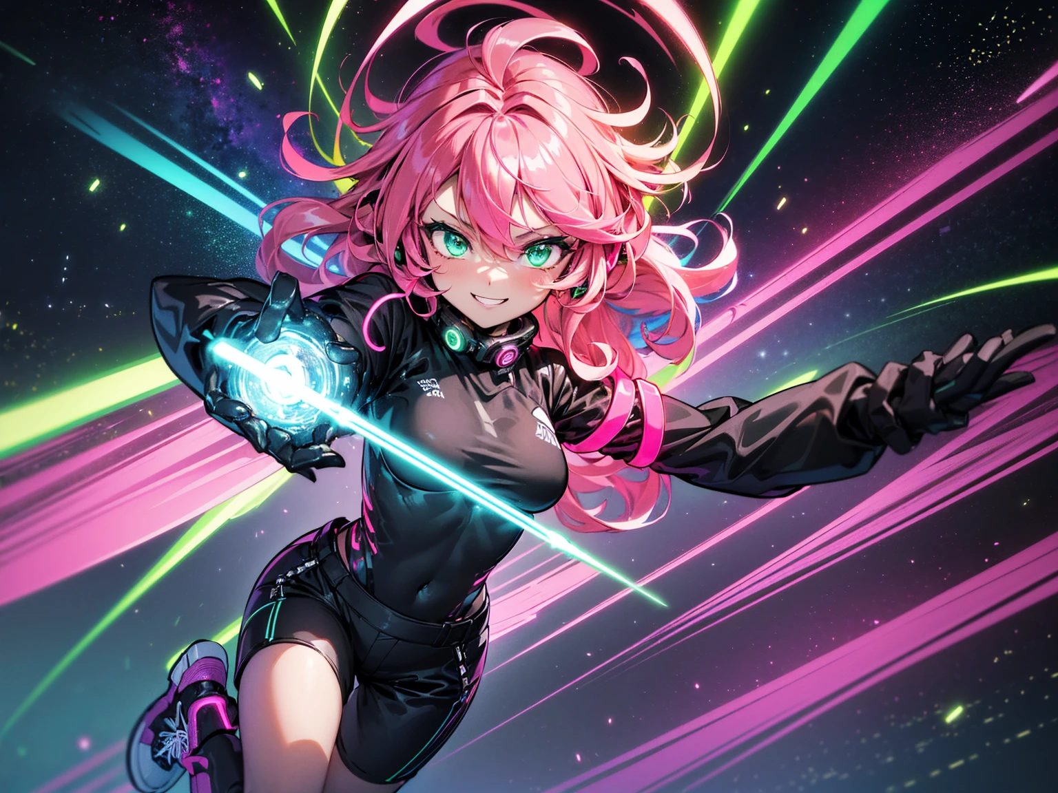 masterpiece:1.4, 1girl ((20year old, dressed in long sleeve shirt, tight black shorts, sneakers, medium breasts, multicolor pink hair, curly long hair, green eyes:1.4, Wearing headphones, happy, smiling, close up, floating in outer space:1.1 galaxy and earth in background:1.1, neon and energetic atmosphere:1.2)) ((nighttime)) ((solo:1.6))