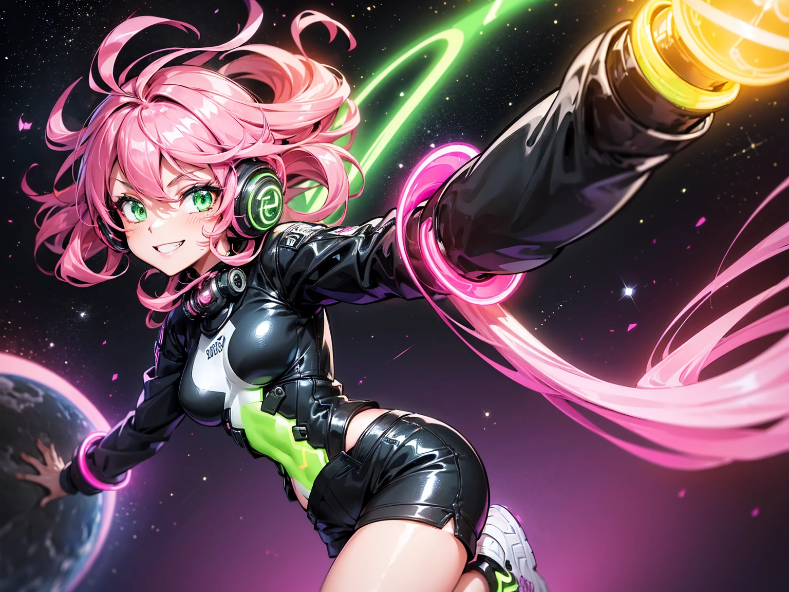 masterpiece:1.4, 1girl ((20year old, dressed in long sleeve shirt, tight black shorts, sneakers, medium breasts, multicolor pink hair, curly long hair, green eyes:1.4, Wearing headphones, happy, smiling, close up, floating in outer space:1.1 galaxy and earth in background:1.1, neon and energetic atmosphere:1.2)) ((nighttime)) ((solo:1.6))