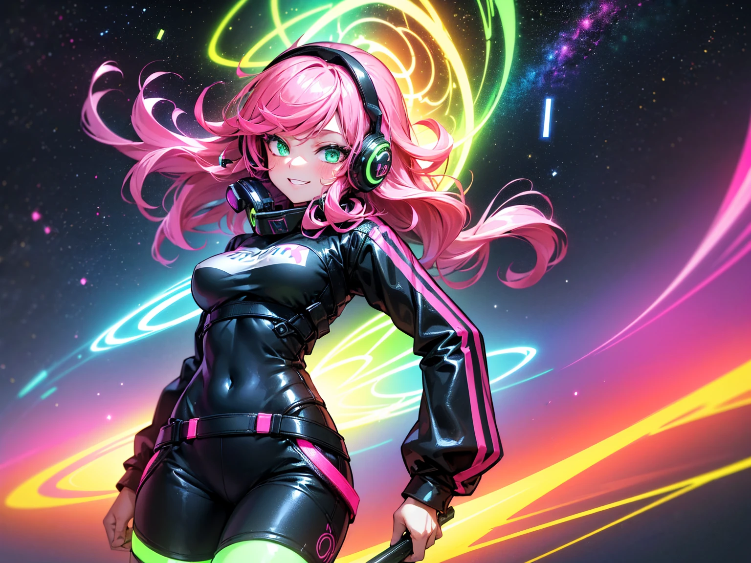 masterpiece:1.4, 1girl ((20year old, dressed in long sleeve shirt, tight black shorts, sneakers, medium breasts, multicolor pink hair, curly long hair, green eyes:1.4, Wearing headphones, happy, smiling, close up, floating in outer space:1.1 galaxy and earth in background:1.1, neon and energetic atmosphere:1.2)) ((nighttime)) ((solo:1.6))