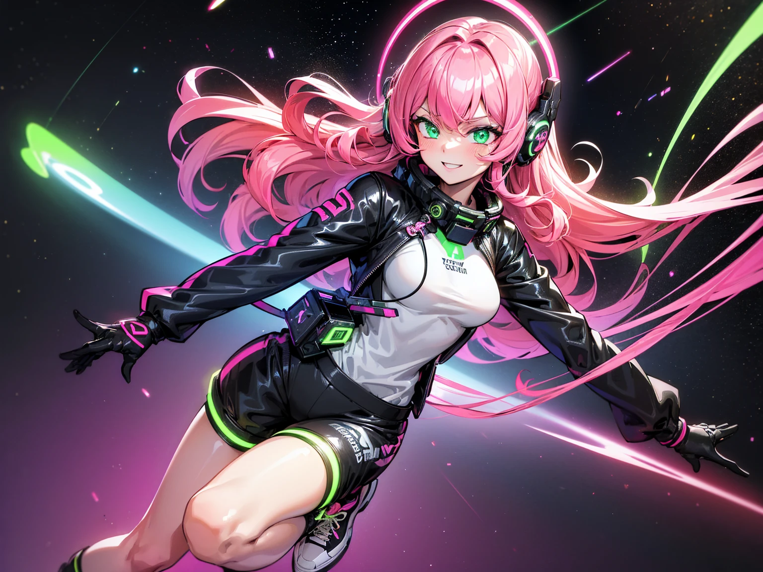 masterpiece:1.4, 1girl ((20year old, dressed in long sleeve shirt, tight black shorts, sneakers, medium breasts, multicolor pink hair, curly long hair, green eyes:1.4, Wearing headphones, happy, smiling, close up, floating in outer space:1.1 galaxy and earth in background:1.1, neon and energetic atmosphere:1.2)) ((nighttime)) ((solo:1.6))