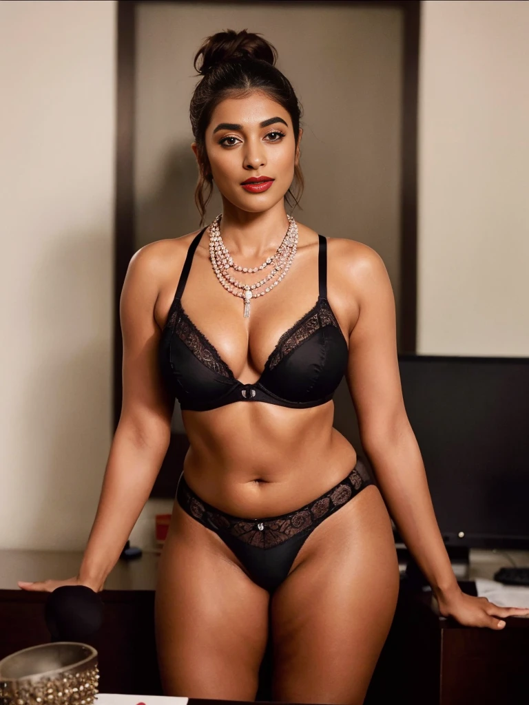 close up photo of naked pooja hegde masturbating pussy in office, chin up and self pleasure in pain, open mouth wide, laugh, curvy, hourglass figure, swooping breasts, seducing eyes, standing with wide open spread legs, necklace, black lingerie, red lips, sultry, ponytail, (cinematic:1.3), intricate details, (ArtStation:1.2)