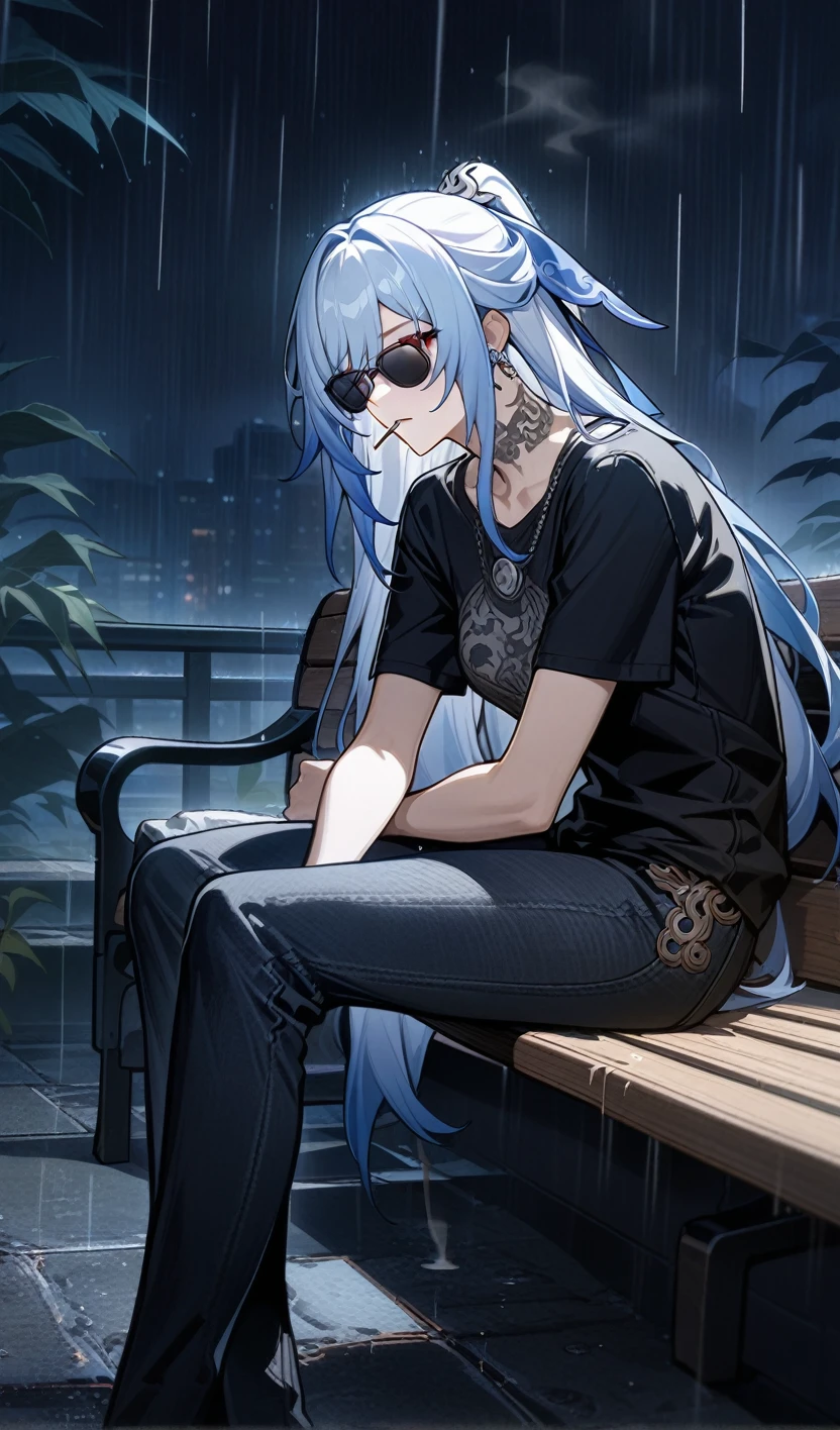 jingliu from honkai star rail,tattoo on the neck and arm,wear black modern T-Short and black modern jeans,sunglasses,Sitting on a bench,smokes a cigarette,cigarette smoke, sad face, depress, night ,rain, (best quality), ultra high res, professional artwork, ultra detailed, intricate, detailed face,