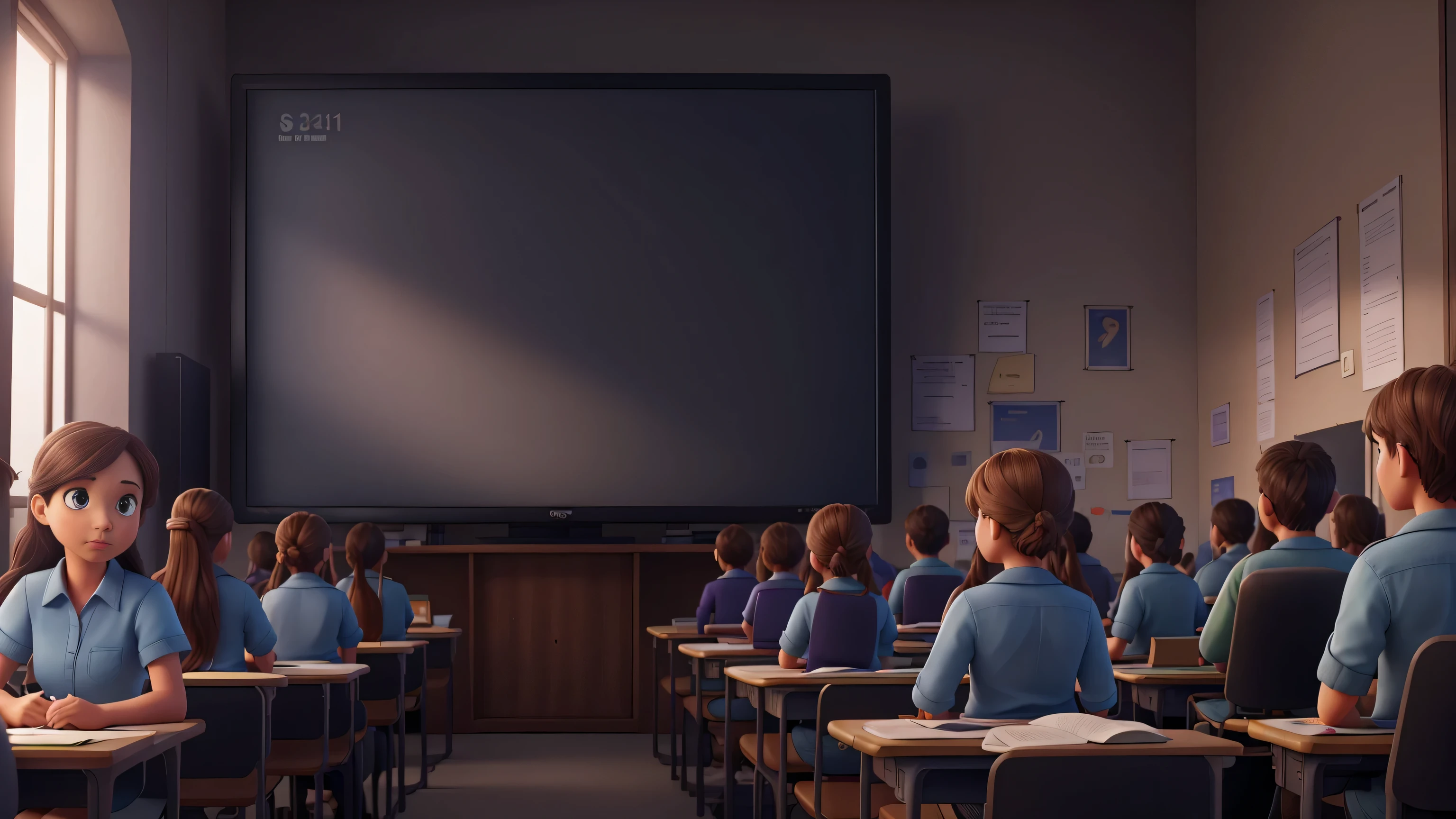 a flat screen monitor in a classroom,full of students, viewing the monitor, highly detailed,photorealistic,8k,HDR,professional lighting,cinematic composition,bright color tones,dramatic shadows,depth of field,intricate details,clean and organized environment,students focused on the monitor,array of diverse students,varying expressions and reactions