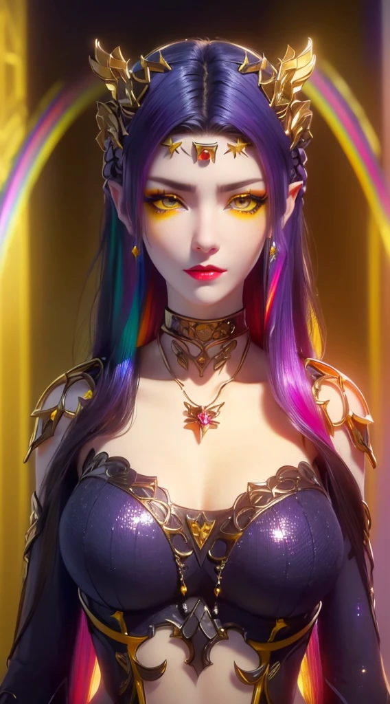1 20 year old girl, 1 goddess Athena, pink purple silk dress, beautiful goddess Athena face without blemishes, delicate yellow nightgown, long thin sequin nightgown with many sexy black lace details, 1 beautiful thin red silk cloth half veil, female saint legend, female saint icon, beautiful goddess style glitter, dark and mysterious version, vermilion lips, plump red lips, not smiling, mouth closed, delicate and beautiful pino detailing, delicate and beautiful lip detail, , (pure and flawless face: 1.9), female saint body, round chest, big and round breasts, phoenix brooch, long flat bangs, (7-color rainbow hair: 1.9), flower stickers tattoo on forehead, beautiful clear face and well-proportioned eyes, (transparent yellow eyes: 1.8), (big round eyes and makeup, sexy wet eye makeup, very beautiful and meticulous hair makeup, long and delicate blonde hair, delicate, body image: 1.8), figure: and vivid, (stars that make up the sky: 1.7), (the sky of heaven and the fictitious gate of time and space: 1.8), fictional art, RAW photos, hanfu photos, best photos, high resolution, best quality, best photos, best goddess quality, 8k female, super 8 single saint portraits, truest color schemes, masterpieces, best beauty brands, best hair jewelry, brand real photo, dark studio, border light, two-tone lighting, (rose white skin: 1.4), (high skin detail: 1.1), 8k uhd, d slr, soft light, 8k, high quality, candid, volume Smooth and sharp, 10x pixel increase, sexy goddess, sexy goddess, (background space: 1.8), (most beautiful aurora eyes: 1.7), beautiful eyes, aurora beautiful and flowery, (beautiful single girl: 1.8), (more details:0.8),