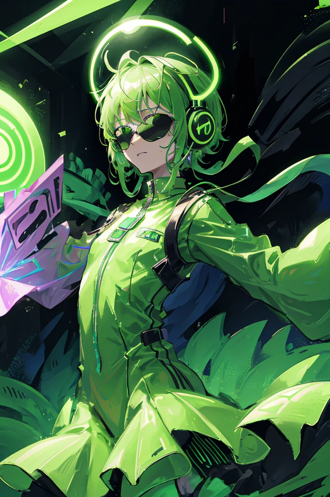 A green alien with tentacles instead of arms, wearing futuristic headphones and neon sunglasses. He is in front of a DJ table with holographic controls.
picture details: Space rave party, with laser lights and a crowd of diverse alien races dancing. The DJ has an enthusiastic expression, Enjoying the music.