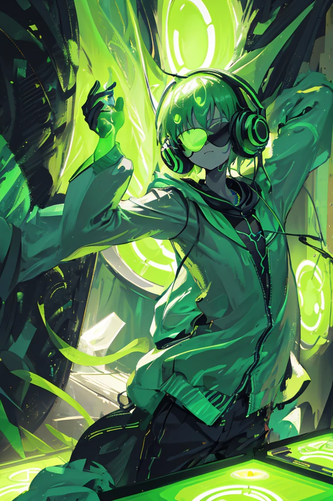 A green alien with tentacles instead of arms, wearing futuristic headphones and neon sunglasses. He is in front of a DJ table with holographic controls.
picture details: Space rave party, with laser lights and a crowd of diverse alien races dancing. The DJ has an enthusiastic expression, Enjoying the music.
