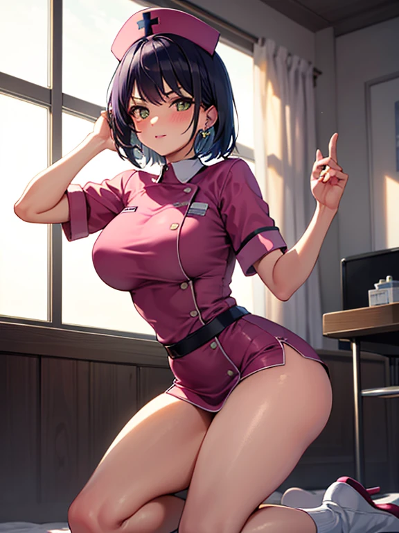 (kneeling pose), 1 girl, One, Kujosaradef, nurse, blush, hospital, in room, day, window, big breasts, thick thighs, short hair, null, the temple, I look at the viewer, stage, mountain, moody lighting, In-person audience, sexy pose, ear piercing, nurse uniform,hairy red pussy, stockings, thigh high, nurse hat, pink nurse uniform, Health room,