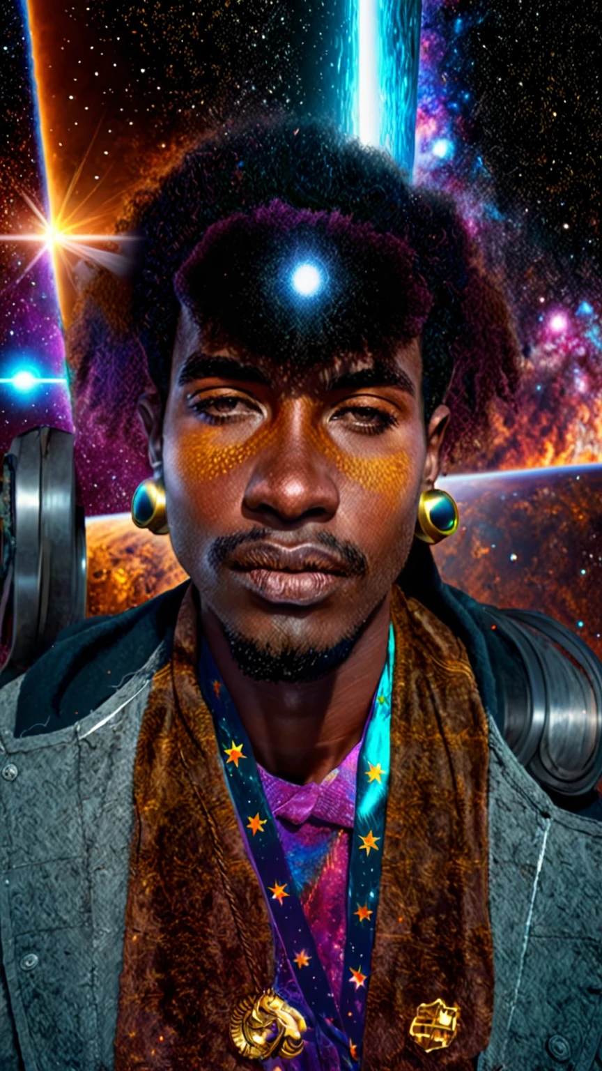 Centered, a brown skin man with a huge black power afro hair mixed in the cosmos galaxy, afrofuturism, cosmic, afrofuturism fashion, album cover, ultra quality, 8K, masterpiece, photorealistic face, cinematic scene