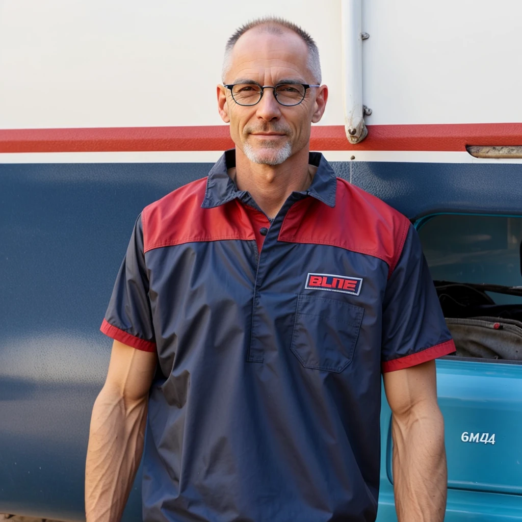 a white man, with little hair, almost bald and gray, not smiling, gray glasses with thin edges and a mechanic's outfit, rounded face