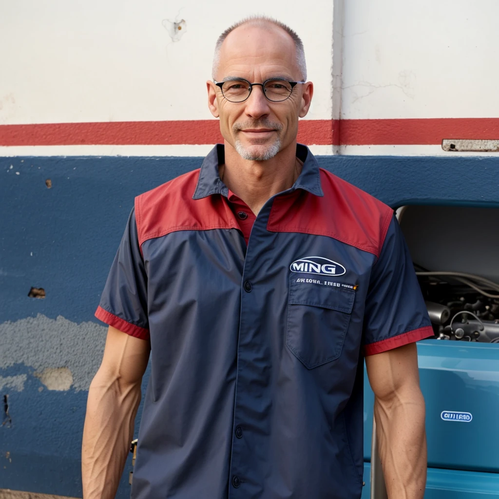 a white man, with little hair, almost bald and gray, not smiling, gray glasses with thin edges and a mechanic's outfit, rounded face