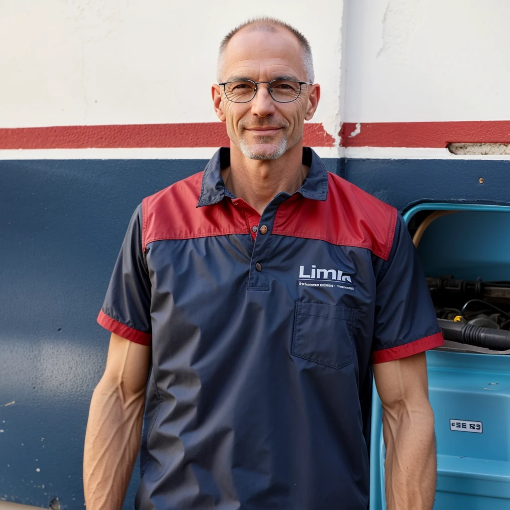 a white man, with little hair, almost bald and gray, not smiling, gray glasses with thin edges and a mechanic's outfit, rounded face