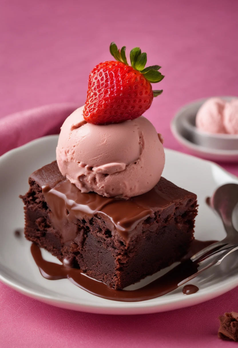 Brownie, brownie de chocolate, (plate with chocolate brownie and strawberry ice cream), brownie with strawberry ice cream, strawberry ice cream with brownie, foto realisitic, professional foto, photo taken by the best photographer in the world, 4 K, best qualityer, optical zoom, photo with depth of field, realisitic.  Brownie with strawberry ice cream 