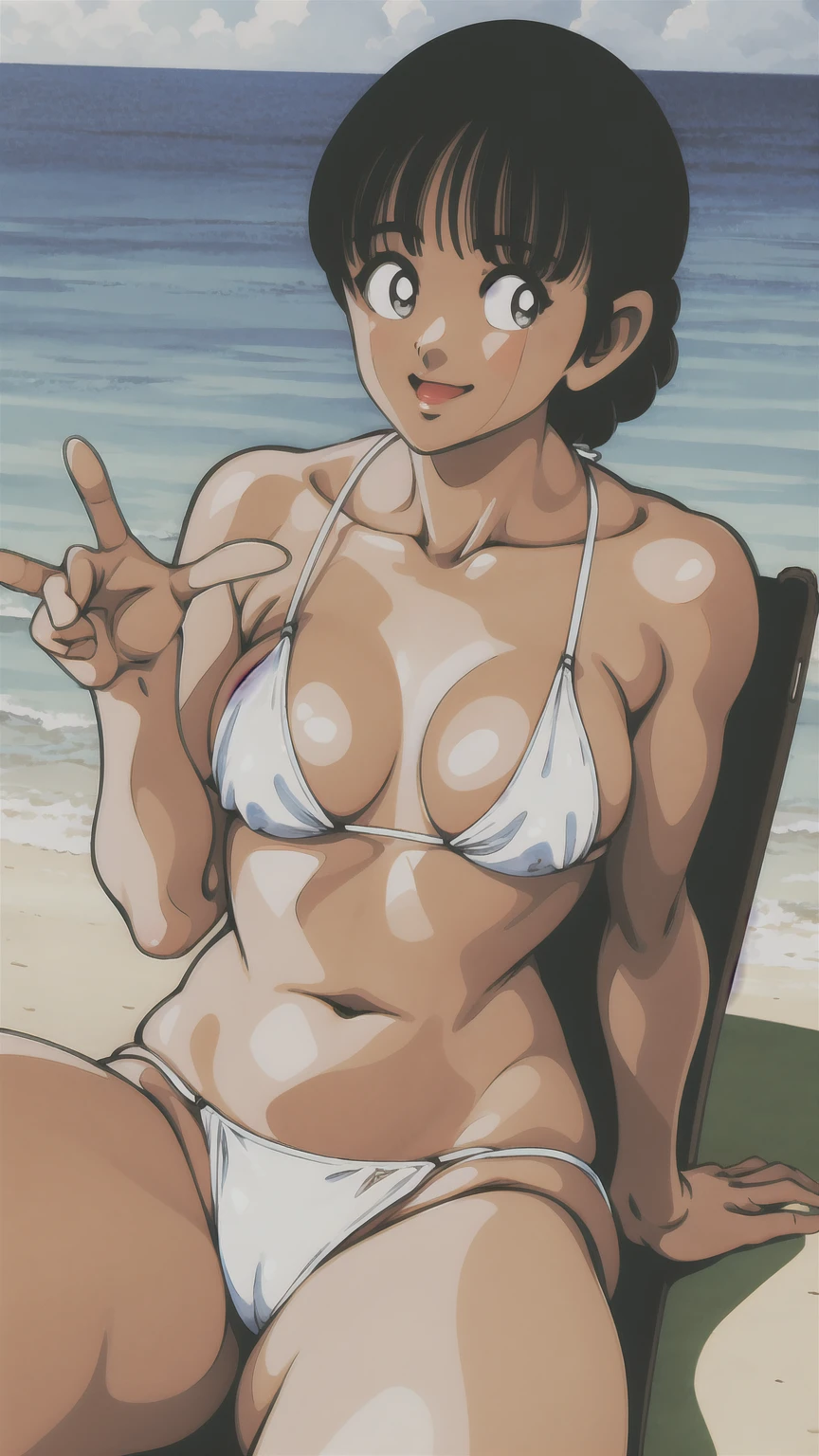 (((asakura minami:1.3))),((masterpiece)),((highest quality)),Super detailed,(thin entire outline),enlightenment,explicit,((1girl,solo)),black hair,medium hair,black eyes,small nose,perfect body,beautiful body,beautiful character design,perfect eyes,perfect face,pov,((happy smile)),small open mouth,(enjoy,having fun:1.2),entp,perspiration,wallpaper,ultra high resolution,8k,photo shoot,(beautiful large :1.2),beautiful legs,perfect feet,beautiful skin,fair skin,smooth skin,official style,official art,make a screen cap,outdoor,(summer beach),sunshine,bright lighting,white bikini is very tight,(extra small micro bikinis:1.2),protruding nippleheeks,((camel toes:1.ach chair,wide spread legs,(peace sig