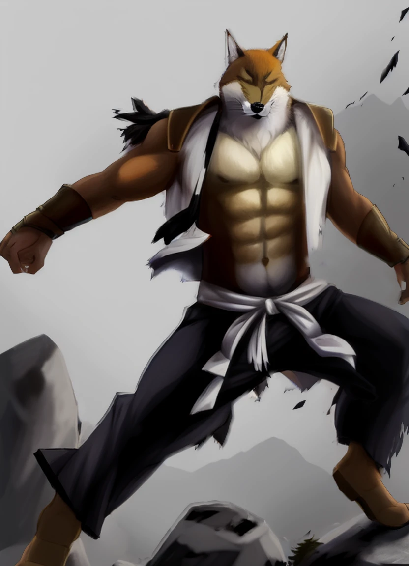 sajin, solo, mature male, skinny, angry,fighting,destroyed rock,(soft shading), 4k, hi res, ((detailed face, (detailed eyes:1.0), detailed)), (full body), looking at viewer, 1boy, upper body, male focus, shirtless,torn clothes, abs, bare pectorals, fighting stance,