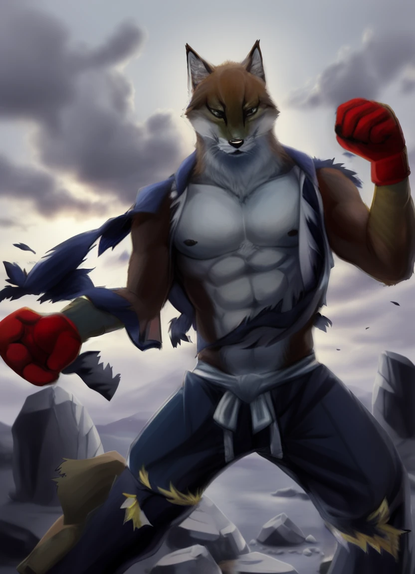 sajin, solo, mature male, skinny, angry,fighting,destroyed rock,(soft shading), 4k, hi res, ((detailed face, (detailed eyes:1.0), detailed)), (full body), looking at viewer, 1boy, upper body, male focus, shirtless,torn clothes, abs, bare pectorals, fighting stance,