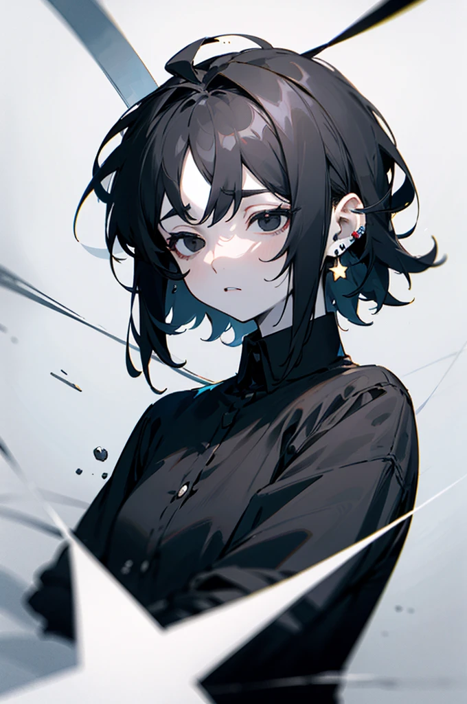 tired black eyes, short black messy hair, black headphones, black shirt with white star, earrings, short negro, pale skin, alone, tired