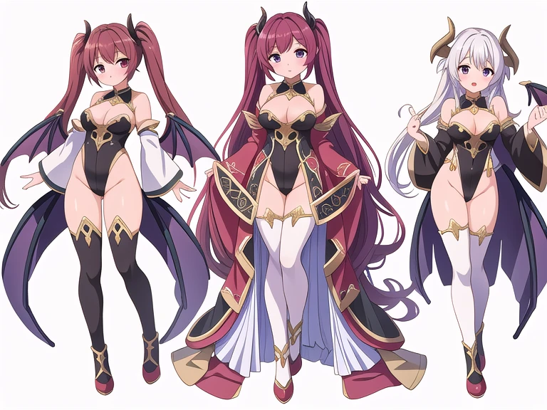 masterpiece, best quality, 3 girls,  variety of hairstyles, high fantasy costume, ((white background)), full body, multiple views, leotard, succubus, dragon horn, detached sleeves,