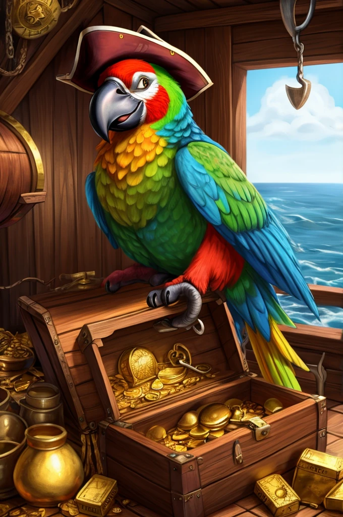 A colorful parrot with a pirate hat and a hook for a paw. He has a treasure map wrapped around his beak and an eye patch..
picture details: Pirate ship at sea, with a treasure chest next to the parrot. He's up on the mast, gazing at the horizon.