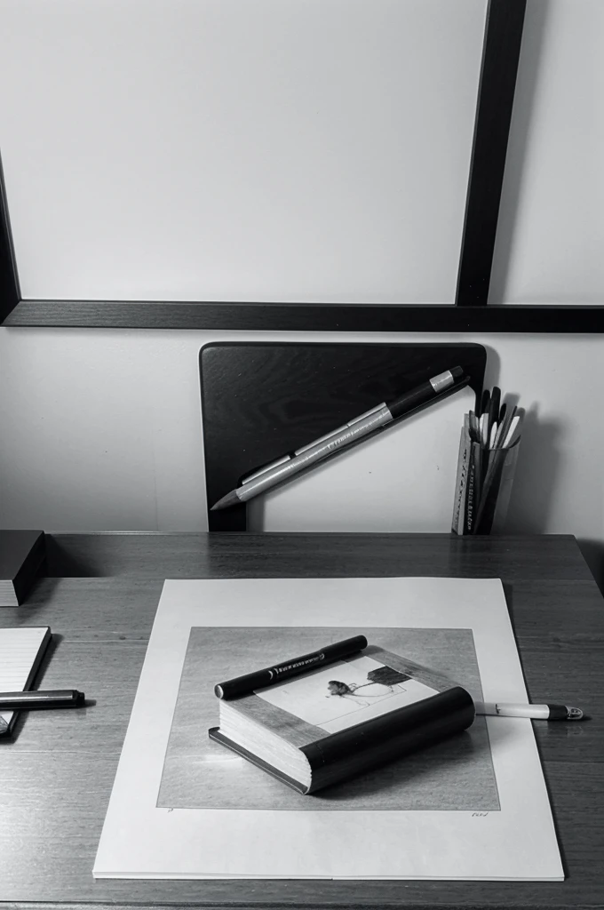 Photograph of a black and white graphite pencil drawing made on a sheet of paper that is on a table with pencils and an eraser 