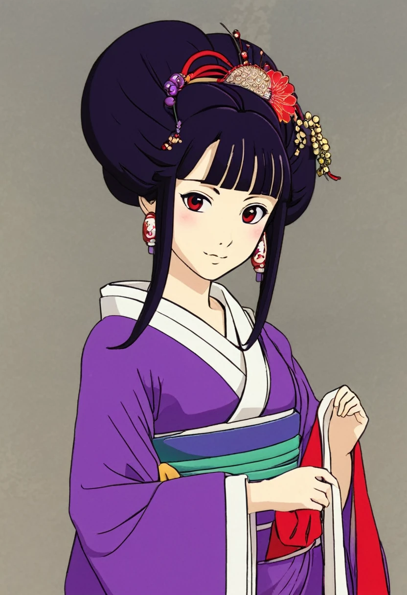 A Ghibli's studio character (2D). She have long black hair . She wears traditional oiran clothes purple and red. She is cold