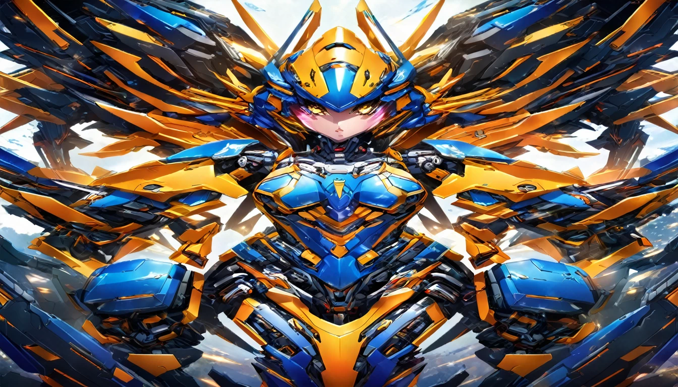 a close up of a woman in a blue and yellow costume, girl in mecha cyber armor, mechanized valkyrie girl, armor girl, female mecha, detailed digital anime art, anime robotic mixed with organic, cyberpunk anime girl mech, advanced digital anime art, anime manga robot!! anime girl, anime mech armor, cool mecha style, high detailed official artwork