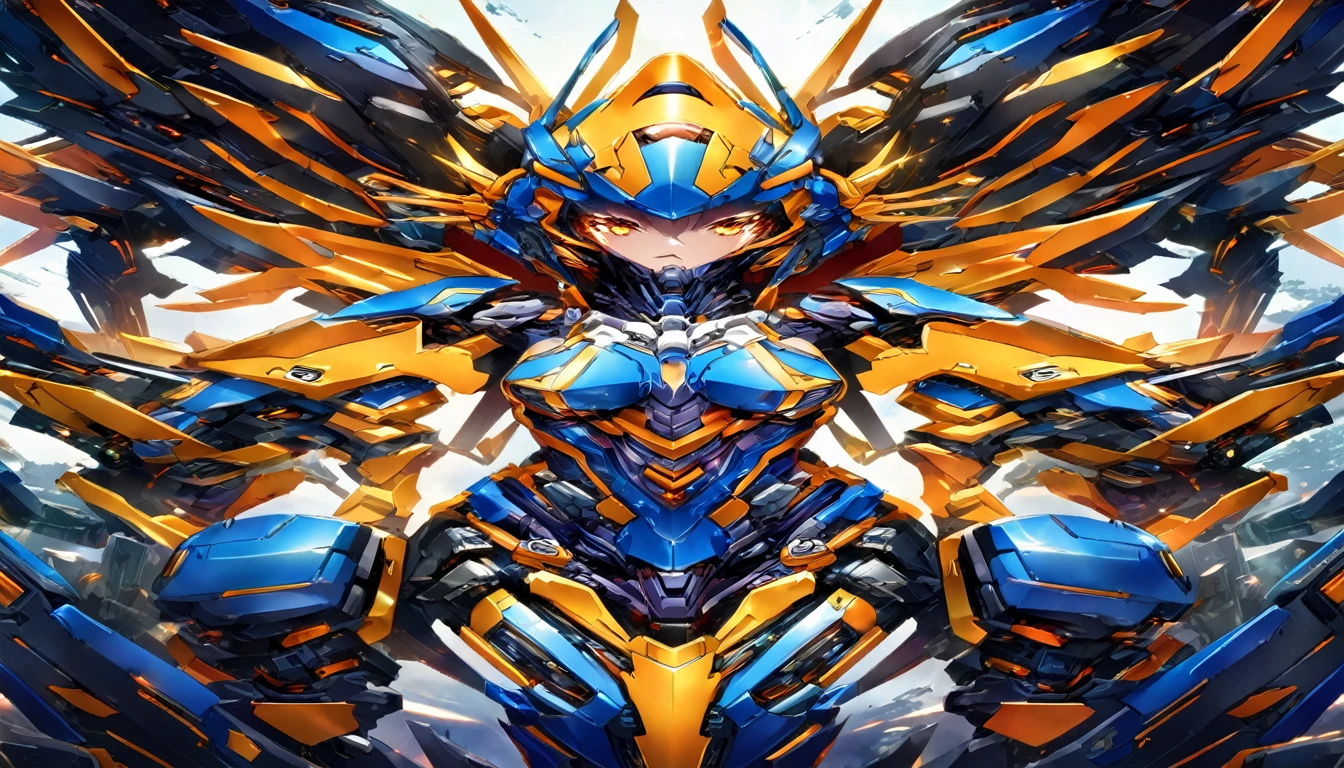 a close up of a woman in a blue and yellow costume, girl in mecha cyber armor, mechanized valkyrie girl, armor girl, female mecha, detailed digital anime art, anime robotic mixed with organic, cyberpunk anime girl mech, advanced digital anime art, anime manga robot!! anime girl, anime mech armor, cool mecha style, high detailed official artwork