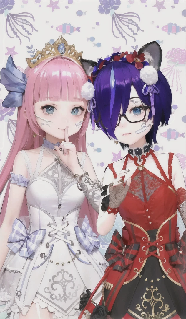 1girl, (masterpiece:1.1), (best quality:1.1), (white blouse:1.1), (checkered skirt:1.1), , high-waist skirt, BREAK [blue:pink:0.5] theme, (gradient background:1.1), cowboy shot, BREAK silver hair, long hair, , green eyes, intricate detailed tiara, looking to the side,
